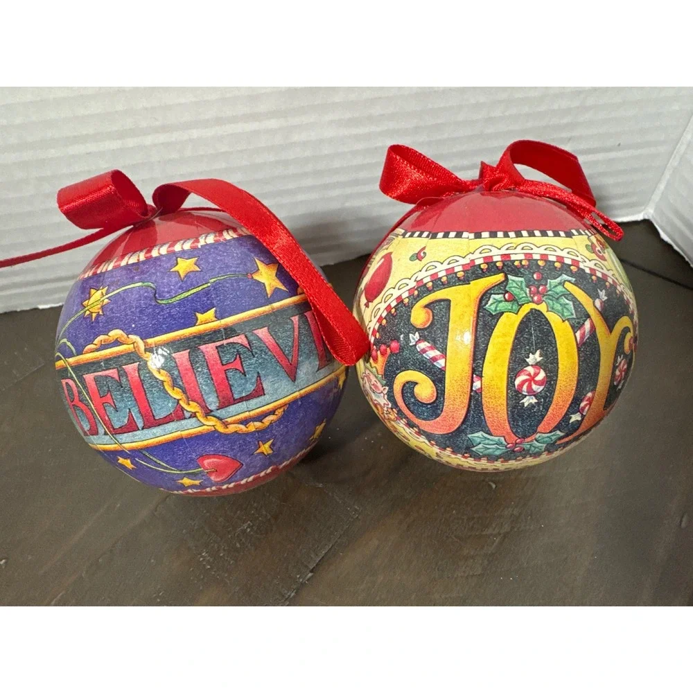 Mary Engelbreit Christmas Ornaments Set of 2 Believe Joy Santa Gingerbread 3in